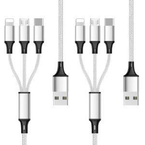Multi Charging Cable 2Pack 4FT 3 in 1 Nylon Braided Multiple USB Fast Charging Cord Adapter Type C Micro USB Port Connectors Compatible Cell Phones Tablets and More (Silver)