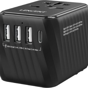 LENCENT Universal Travel Power Adapter, International AC Plug Adaptor with 3 USB A Ports 1 Type C PD Wall Charger Worldwide Travel Essentials for US to EU UK Ireland Australia (Type C/G/A/I) Black