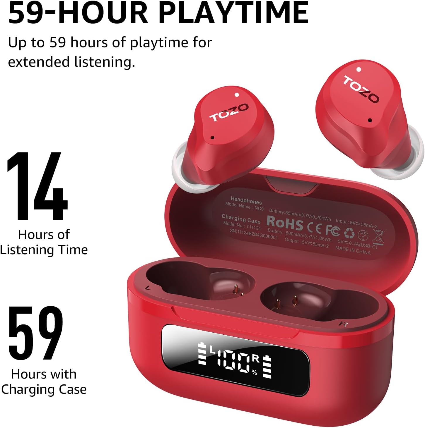 TOZO Hybrid Active Noise Cancelling Wireless Earbuds, 6 Mics ENC Clear Call, IPX8 Waterproof, in Ear Bluetooth 5.3 Headphones Stereo Bass Ear Buds 59H Playtime with LED Display 32 EQs via APP - Image 5