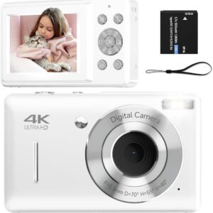 Digital Camera for Kids, FHD 1080P 44MP Point and Shoot Digital Camera with Face Detect, Smile Capture, 18X Zoom, 20 Filters, Anti Shake, White Compact Vintage Camera for Teens Kids Boys Girls