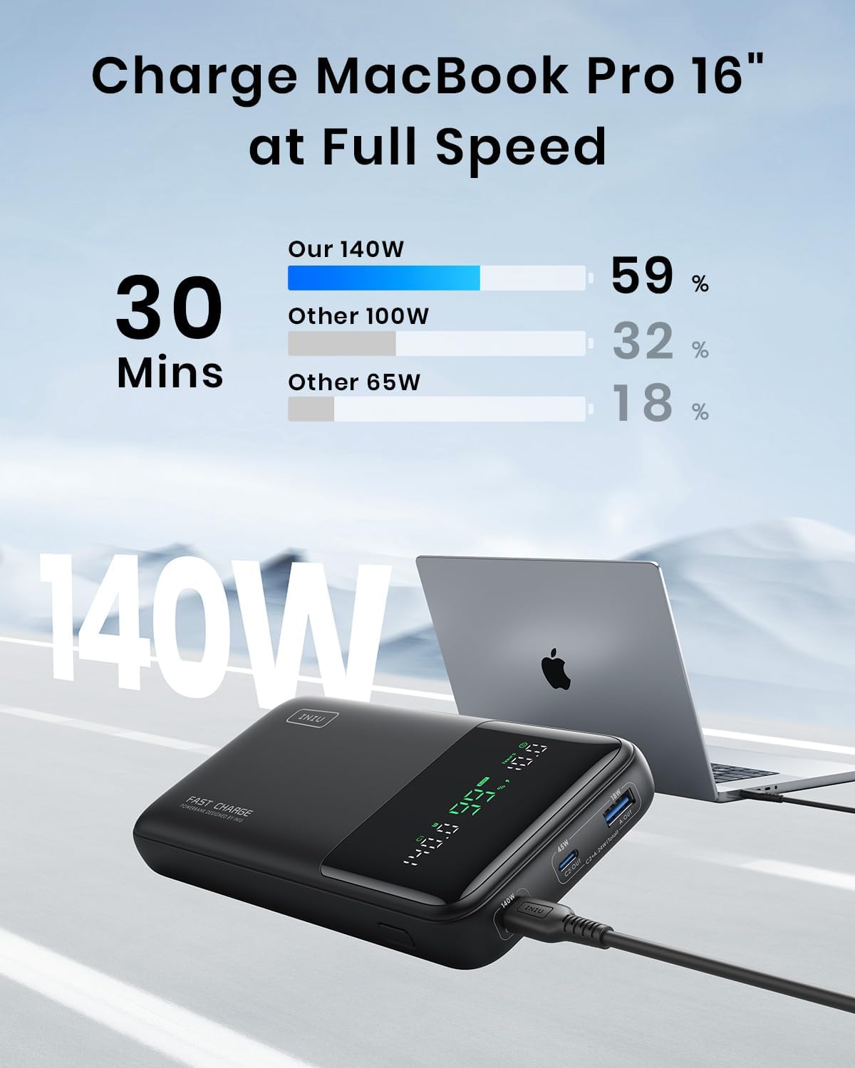 INIU 140W Power Bank, 27000mAh High Capacity Laptop Portable Charger, USB C in&Out Tablet Powerbank, Smart Digital Display Phone Charger Compatible with iPhone 16, iPad, MacBook, Laptop etc. - Image 2
