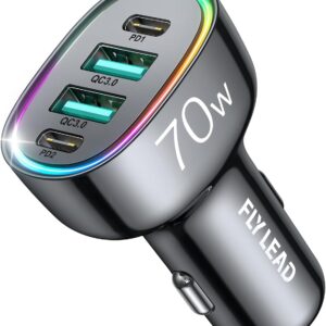 Fast Car Charger FLYLEAD 70W 4 Ports Car Charger【A Must for Family Travel】 Super Fast USB C Car Charger Adapter for iPhone 16/15 Pro Max Plus Samsung Galaxy S24