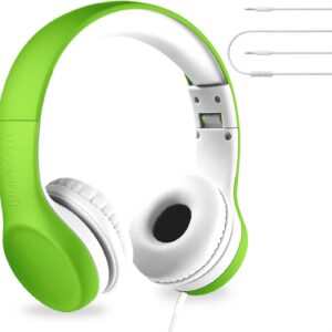 LilGadgets Connect+ Wired Kids Headphones for School with Microphone, Volume Limiting & Noise Reduction On-Ear Headset with Cord, SharePort Technology & SoftTouch Padding, Green