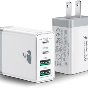 [2-Pack] USB C Wall Charger, 40W Fast USB C Charger Block, 4-Port PD Power Adapter + QC Wall Plug Multiport Type C Charging Block Cube Compatible with iPhone 15 14 13 12 11 Pro Max XR XS 8 7, Samsung