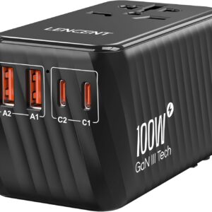 LENCENT Universal Travel Adapter, 100W GaN International Fast Charger with 2 PD3.0 Type C+2 QC USB A, Worldwide Power Adaptor for Phones,Laptops, All in One Travel Essentials for EU/USA/UK/AU, Black