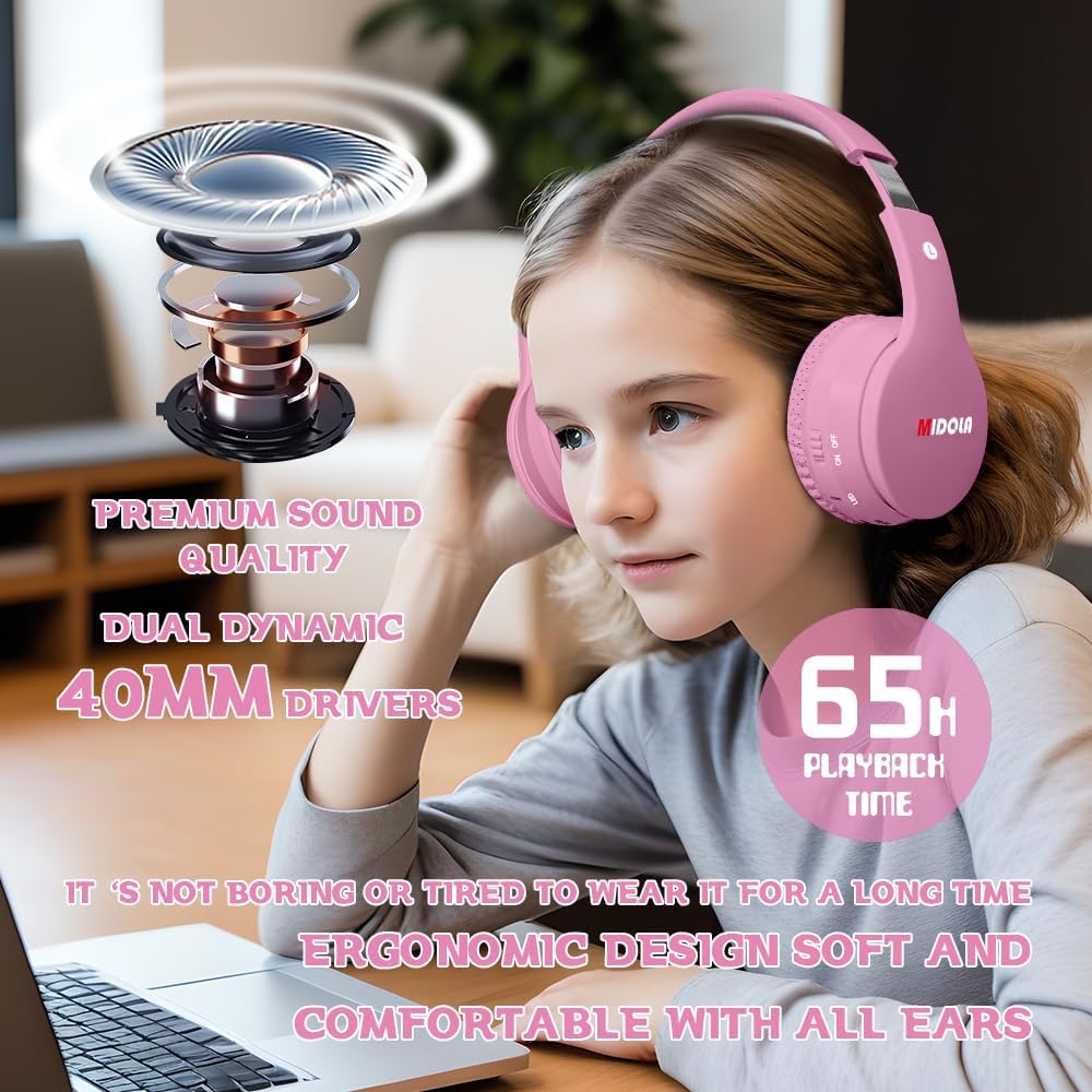 MIDOLA Kids Headphones Bluetooth 5.3 Wireless 60H Play Time Volume Limit 85/110dB Over Ear Foldable Protection Headset/Wired AUX Cord Mic for Children Boy Girl Travel School Phone Pad Tablet Pink - Image 2
