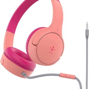 Belkin SoundForm Mini Kids Wired Headphones with Built-in Microphone & Fun Stickers, 85dB Safe Volume Limit – for Online Learning, Travel, Compatible w/iPhone 15, iPad, Galaxy S23, & More - Pink