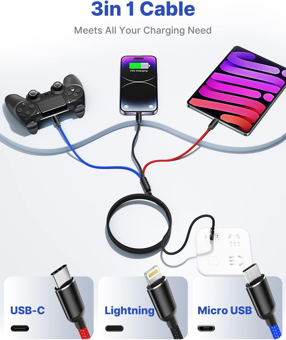 Aioneus Multi Charging Cable, Multi Charger Cable Nylon Braided 3 in 1 Charging Cable Multi USB Cable Fast Charging Cord with Type-C, Micro USB and IP Port, Compatible with Most Phones & iPads - Image 5