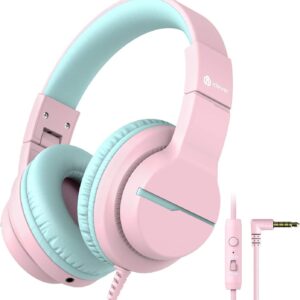 iClever HS19 Kids Headphones with Microphone for School, Safe Volume Limited, Over-Ear Girls Boys Headphones for Kids with Shareport, Foldable Wired Headphones for iPad/Travel (Pink)