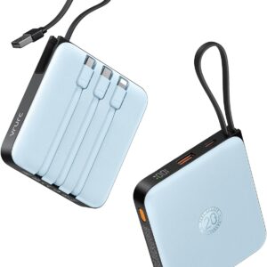 VRURC Portable Charger 20000mAh Built-in Cables, 22.5W Fast Charging Power Bank USB C Battery Pack for iPhone 16 15 14 13 12 11 X Samsung Galaxy Series Android Phone,Blue(1Pack)