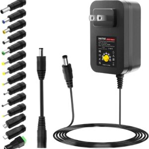 SHNITPWR 30W Universal Power Supply 3V 4.5V 5V 6V 7.5V 9V 12V Adjustable Variable AC/DC Adapter with 5V 2.1A USB Port, 100V-240V AC to DC 3V~12V Converter 0.5A 1A 1.2A 1.5A 2A 2.5A Max with 14 Tips