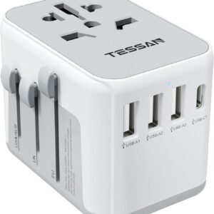 TESSAN Universal Travel Adapter, International Power Adapter with 4 USB Ports (1 USB C), Worldwide Plug Adaptor Wall Charger for USA to Europe UK France Germany Spain Ireland Australia(Type C/G/A/I)