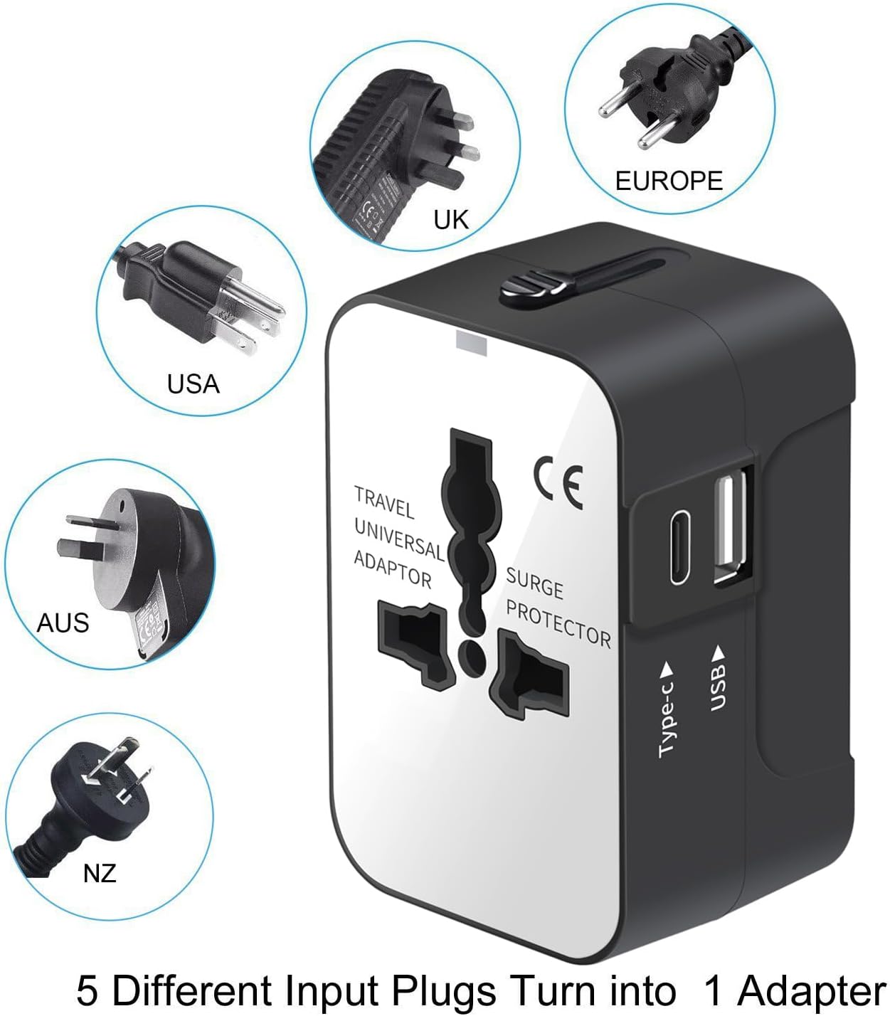 Travel Adapter, Worldwide All in One Universal Travel Adapter Wall Charger AC Power Plug Adapter with USB Type C Charging Ports for USA EU UK AUS, White - Image 2