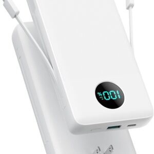 Portable Charger 33800mAh USB-C Power Bank with Built-in Cables & AC Wall Plug,4 Output External Battery Pack,25W Fast Charging+QC 4.0 Phone Charger Compatible with iPhone 15/14/13 Samsung Android