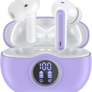 Wireless Earbuds Bluetooth 5.3 Headphones 40 Hrs Playtime with LED Display, Deep Bass Stereo and Noise Cancelling Bluetooth Ear Buds IP7 Waterproof Wireless Earphones for iPhone Android, Light Purple