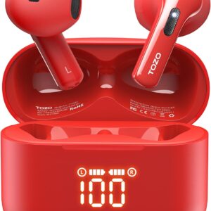 TOZO T21 Wireless Earbuds Bluetooth 5.3 in Ear Headphones Dual Mic Call Noise Cancelling IPX8 Waterproof 44H Playback Stereo Sound with LED Display Wireless Charging Case 32 EQs via APP Red