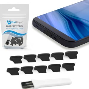 PortPlugs Anti Dust Plugs (10 Pack) - includes Charging Port Cleaning Brush - Flat Design Port Protector Cover - Compatible w/iPhone 14, 13,12,11 & Air Pods - Black