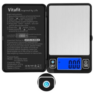 Vitafit 500g Digital Gram Scale in 0.01g, High Accuracy Assured by Built-in Level Bubble, Scale Professional Since 2001, Pocket Scale for Multi-Function: Kitchen, Food, Jewelry, Lab, Coffee, Black