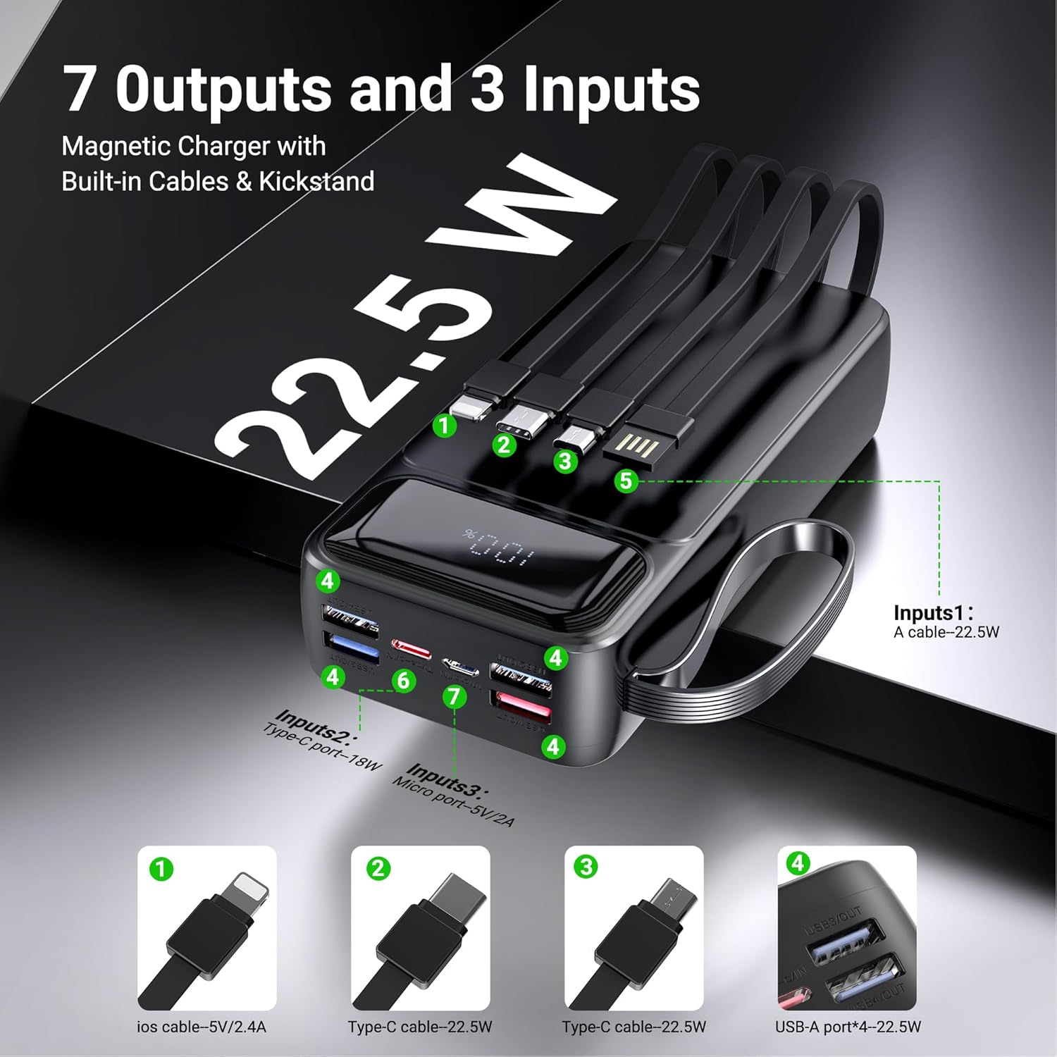Portable Charger Power Bank 50000mAh- 7 Outputs & 3 Inputs USB-C 22.5W Fast Charging Battery Pack with Built-in Cables and Ports Compatible with Most of Cellphones and Devices, for Travel Camping - Image 4