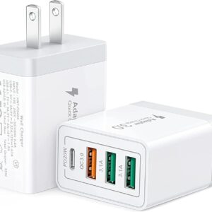 [2 Pack] USB-C Wall Charger, 40W Durable 4Port QC+PD 3.0 Power Adapter, Double Fast Plug Charging Block for iPhone 16/16 Pro/16 Pro Max/16 Plus/15/14/13/12, XS/XR/X, Watch Series 8/7 Cube(White)