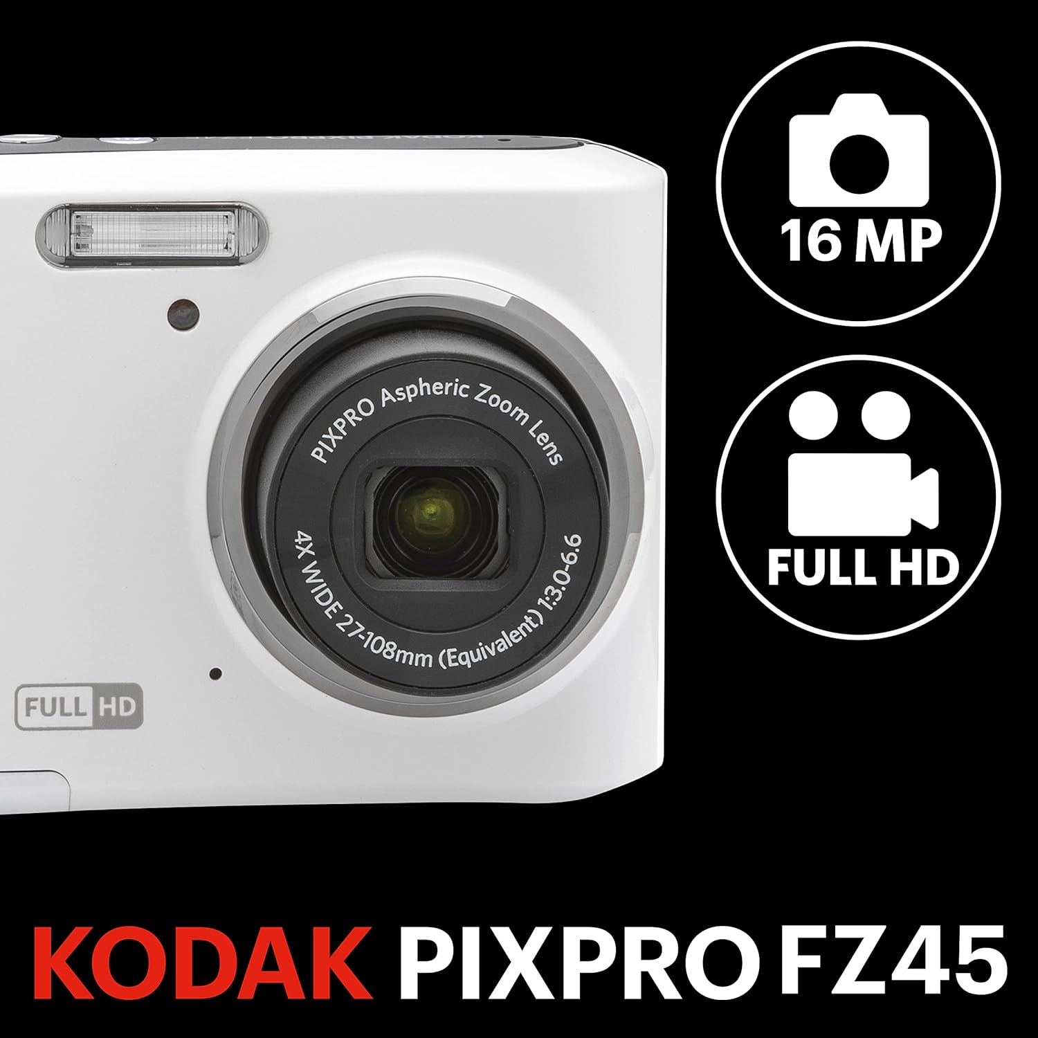 KODAK PIXPRO Friendly Zoom FZ45-WH 16MP Digital Camera with 4X Optical Zoom 27mm Wide Angle and 2.7" LCD Screen (White) - Image 2