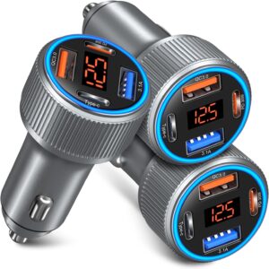 USB C Car Charger, 3 Pack 65W Car Charger Adapter Multi Port QC 3.0+PD 30W Super Fast Cigarette Lighter 12V USB Charger with Voltmeter for iPhone 16/15/14/13/12/11 Pro Max,Samsung,Android(Gray)