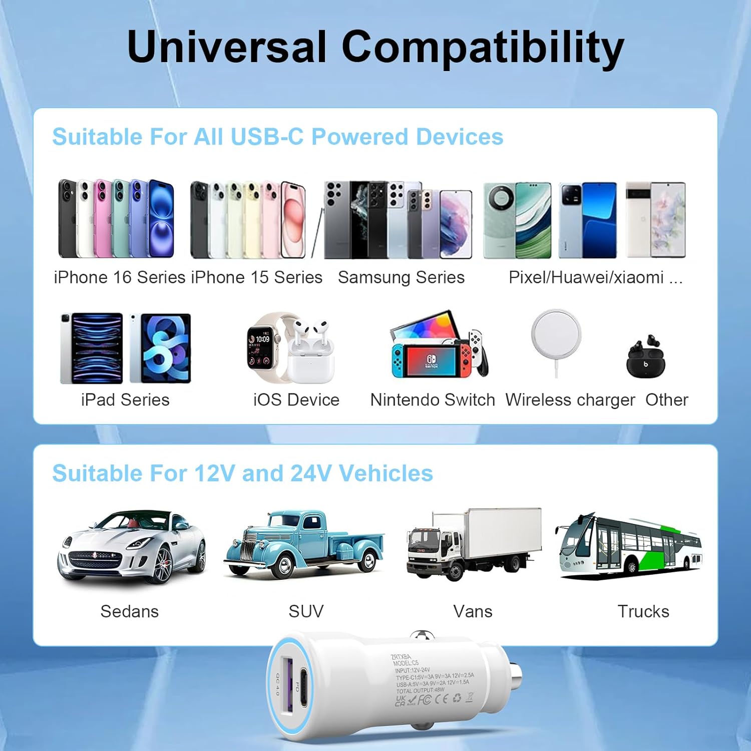 iPhone 16 Car Charger USB C Car Charger Adapter 2Pack 48W PD&QC4.0 Dual Port iPhone Car Charger with USB C to C Cable for iPhone 16/15 Series, Samsung Galaxy Series, iPad Pro, AirPods,Pixel,and More - Image 7