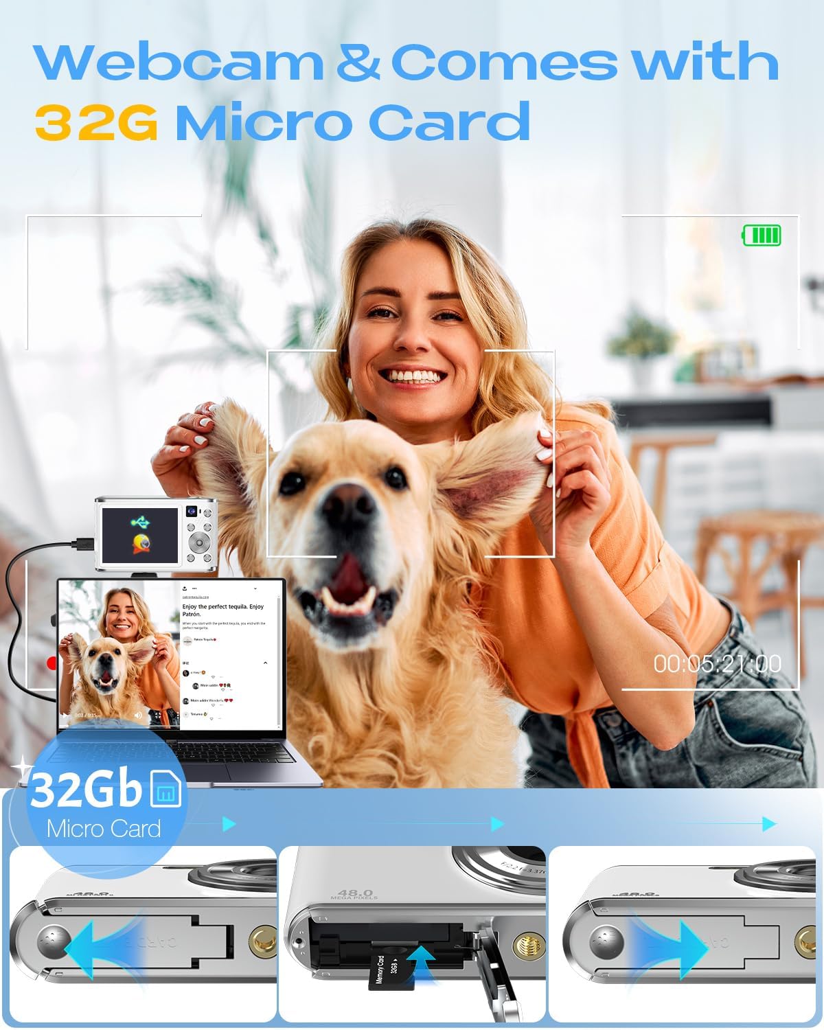 Digital Camera, UHD 4K Digital Camera with Front and Rear Camera, Autofocus 48MP 16X Digital Zoom Vlogging Camera with 32GB Card, 2.8 Inch Screen Compact Photo Shoot Camera for Beginners(White) - Image 7