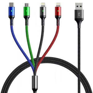 Multi Charging Cable 4A, [5Ft/ 2Pack] Multi Charger Cord, 4 in 1 Braided Fast Charging Cord, Multi Charger Cable, Multi USB Adapter with IP/Type C/Micro Port for Cell Phones/iPhone/Samsung/PS & More