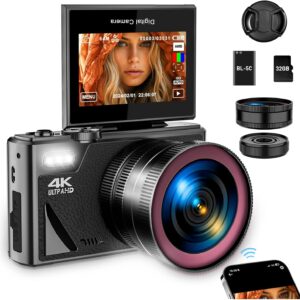 4K Digital Camera for Photography, WiFi Autofocus 64MP Vlogging Camera for YouTube with Super Wide-Angle & Macro Lens, 3" 180° Flip Screen, Video Compact Travel Camera for Beginner, Black