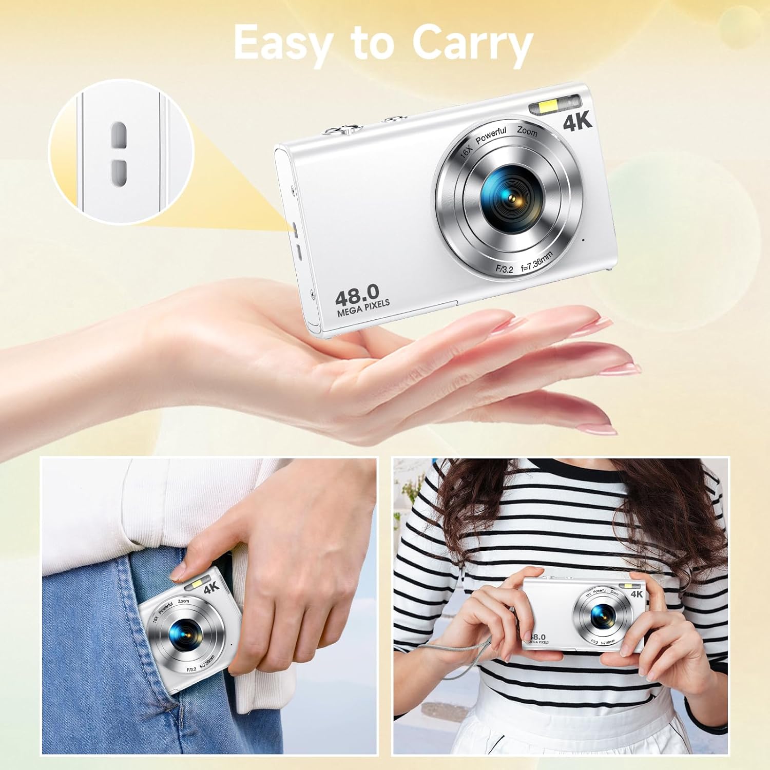 Digital Camera, Autofocus 48MP UHD 4K Vlogging Camera 16X Digital Zoom, Portable Compact Point and Shoot Digital Camera for Teens Adult Beginner with 32GB Card, 2 Batteries, Lanyard(White) - Image 7