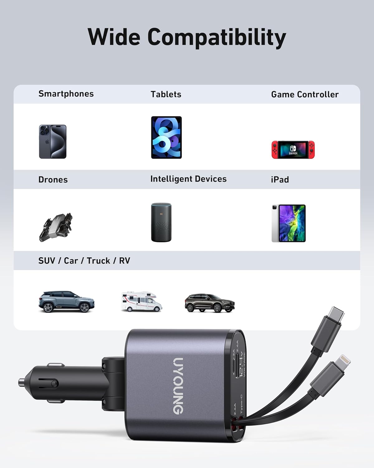 iPhone Car Charger, Retractable Fast Car Phone Charger 100W for CarPlay, 4 in 1 Car Charger Adapter with 2 Cables 31.5 Inch and 2 USB Ports, Compatible with iPhone 16/15/14/13/12/11 Pro/Samsung - Image 7
