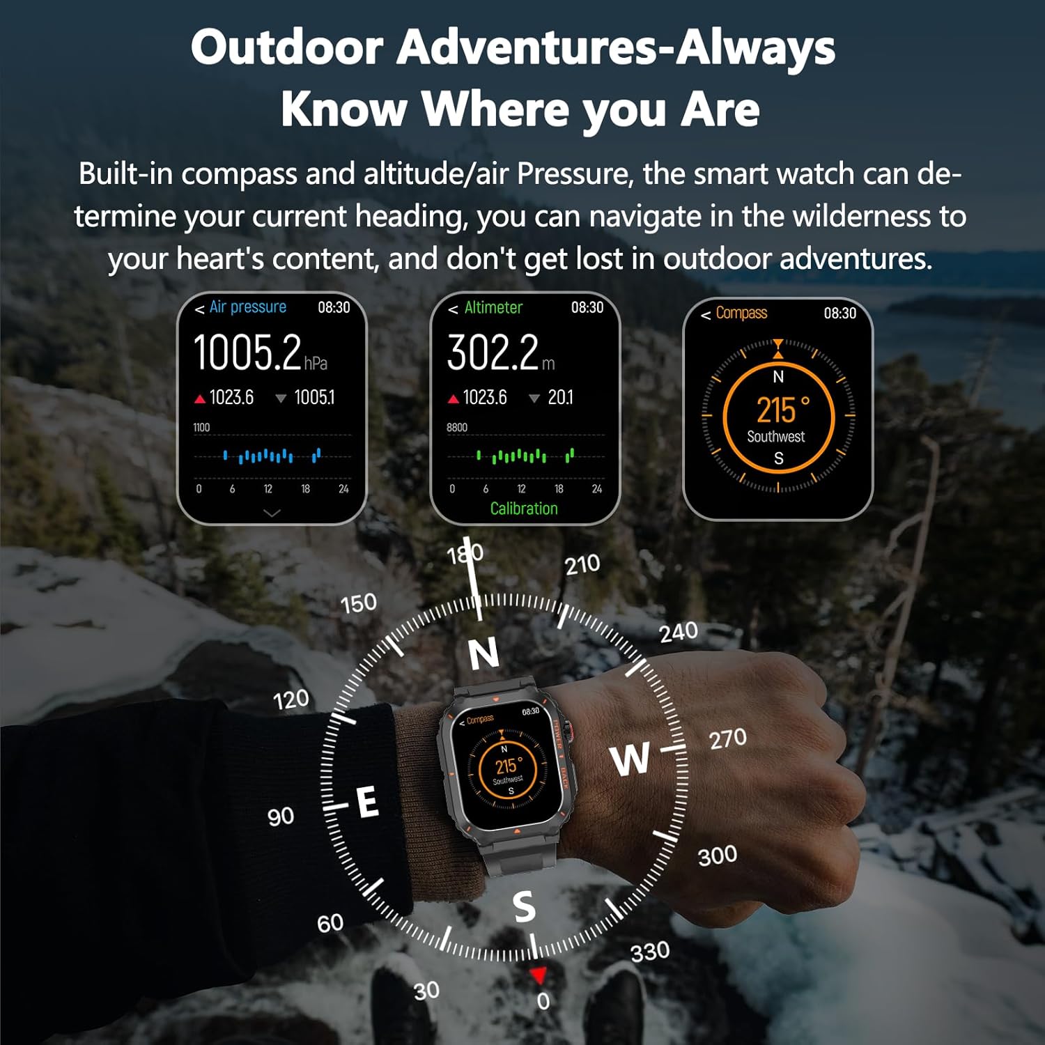 Smart Watch, Military GPS Smart Watches for Men(Answer/Make Call),Outdoor Sports Smartwatches with Health Monitor, Compass/Altitude/Air Pressure, Fitness Tracker for Android/iPhone (with GPS, Black) - Image 5