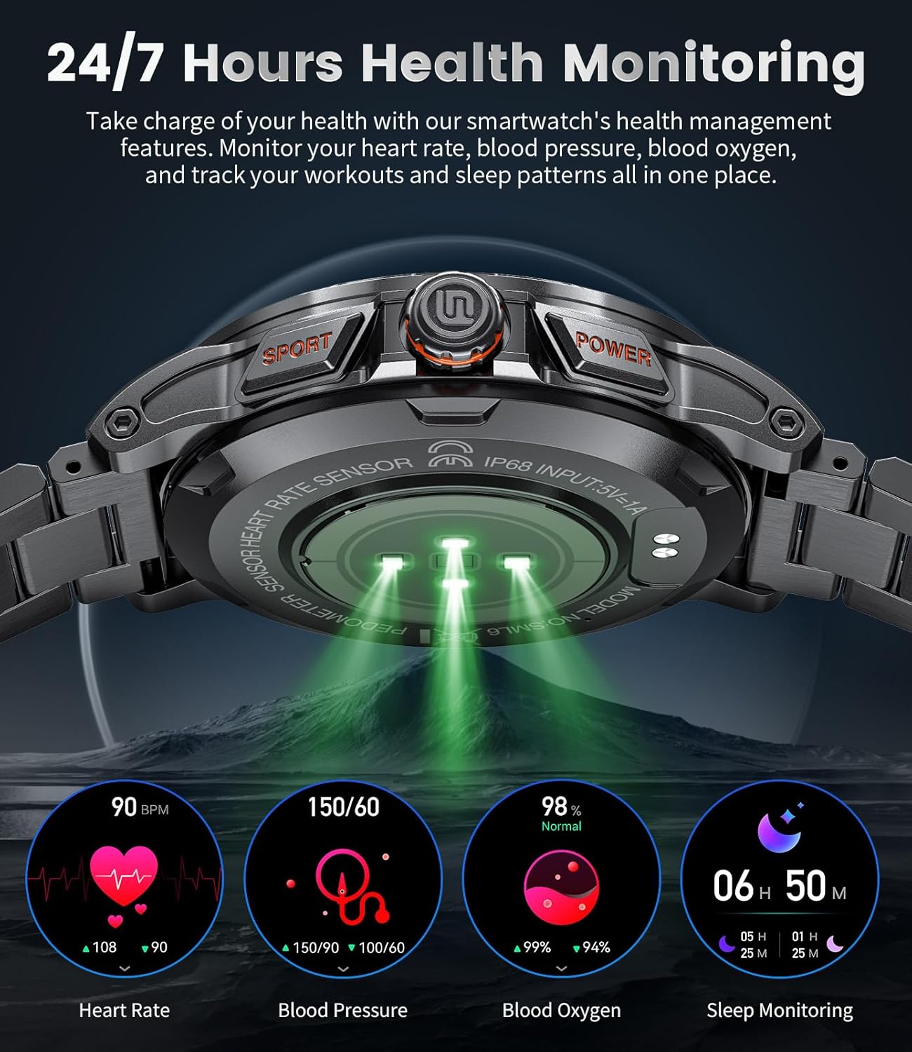 Military Smart Watch for Men(Answer/Dial Calls),1.46'' AMOLED Touchscreen/5ATM Waterproof/120+ Sports Modes Fitness Watch with Blood Pressure/Heart Rate/SpO2/Pedometer for Android iOS Smartwatch Black - Image 3