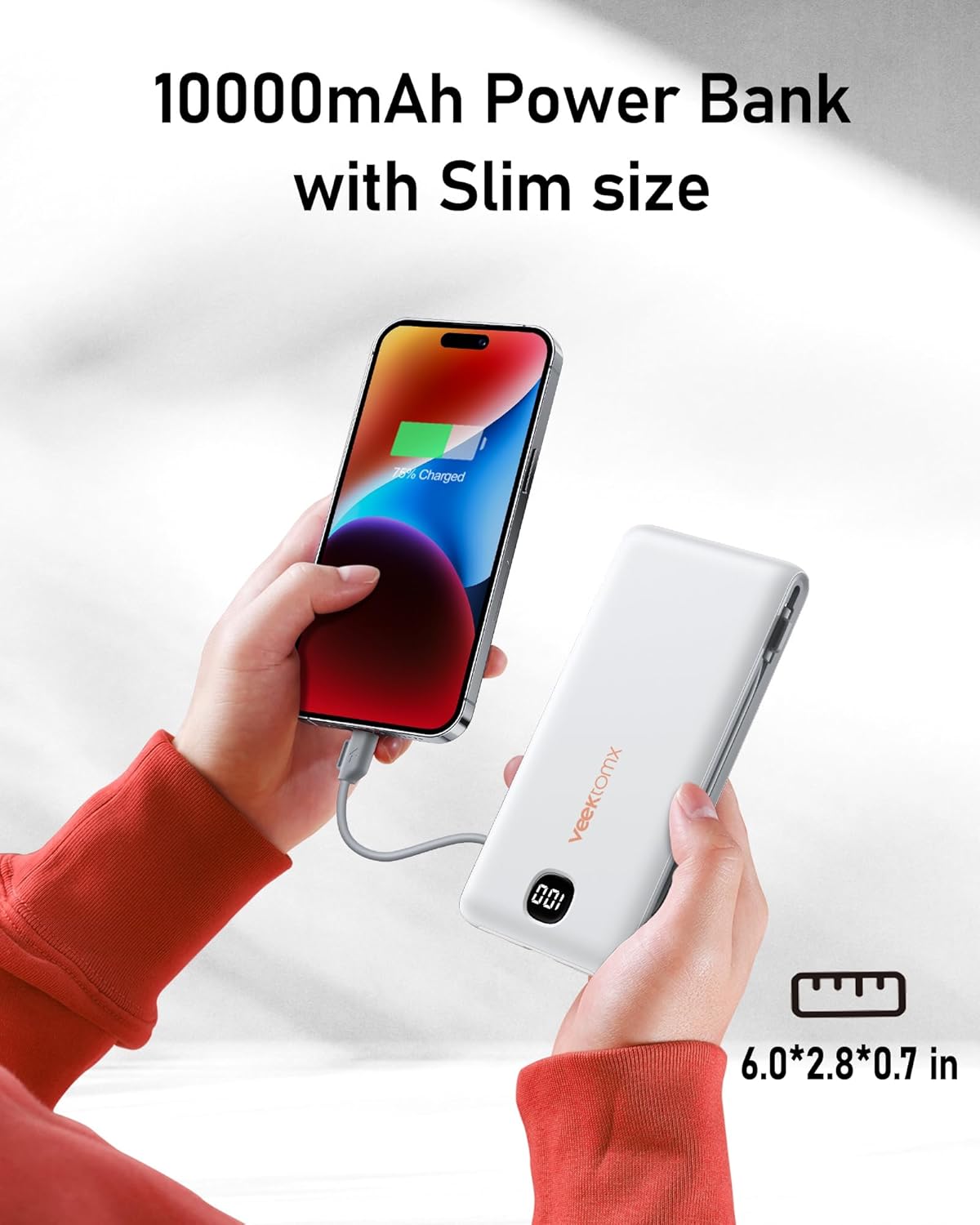 VEEKTOMX Portable Charger with Built in Cables 10000mAh, Power Bank for iPhone with Wall Plug, Travel Essential Fast Charging USB C Slim External Battery Pack for iPhone16/15/14, Samsung, iPad, etc - Image 7