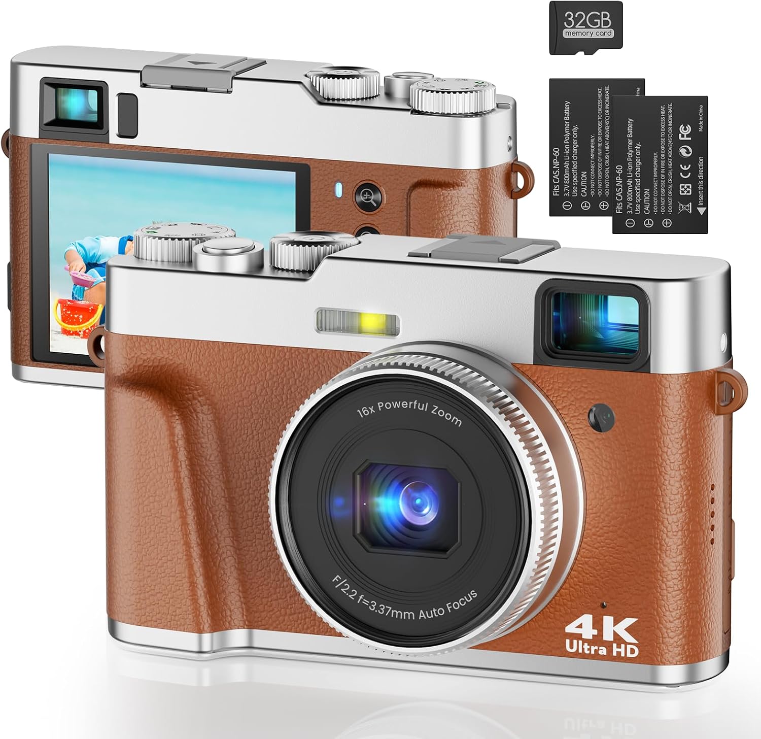 4K Digital Camera, Photography Autofocus 48MP YouTube Vlogging Camera, 16X Digital Zoom Video Camera Anti-Shake with 32GB Micro Card, Compact Point and Shoot Travel Cameras for Gifts(Brown)