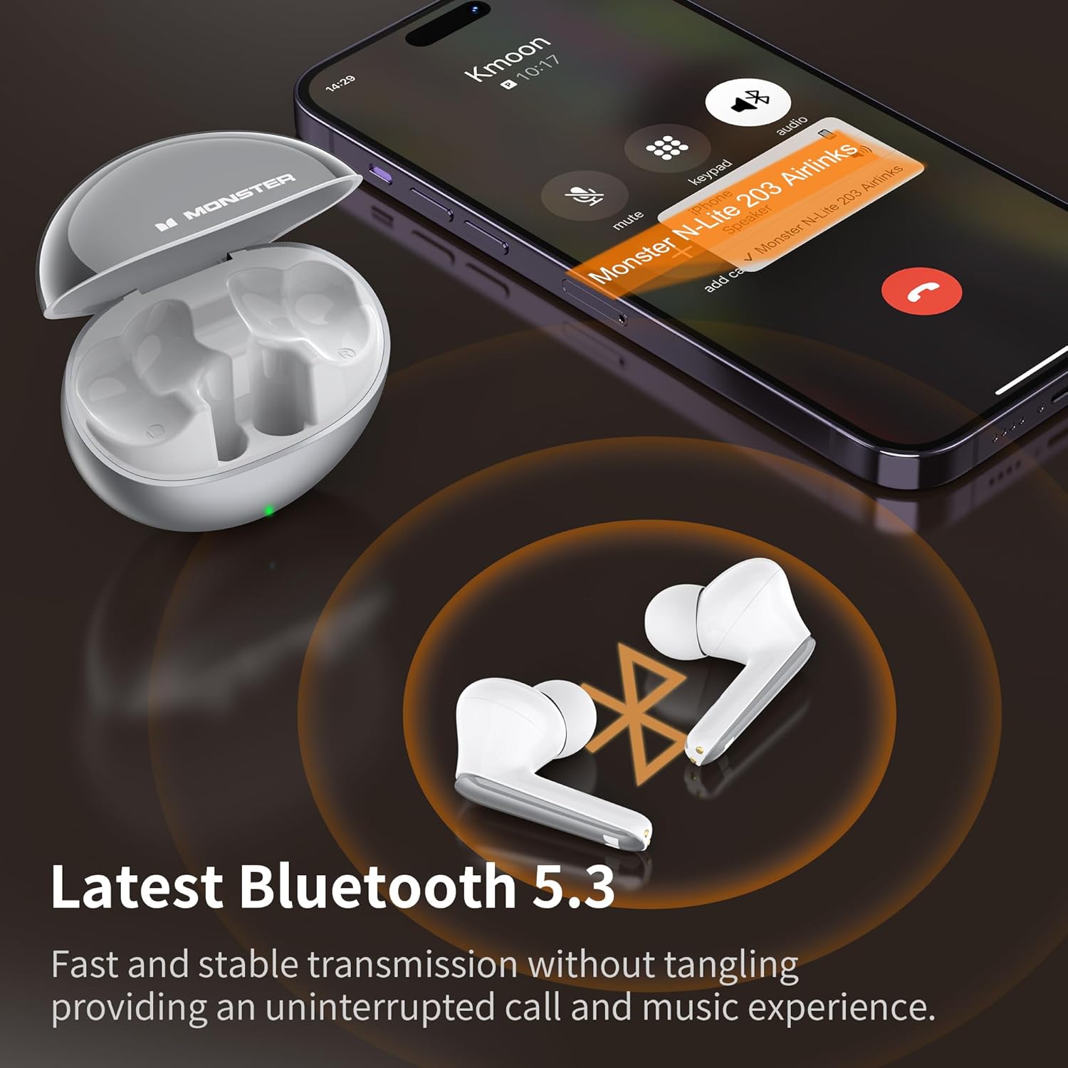 Monster N-Lite 203 AirLinks Wireless Earbuds, Bluetooth 5.3 Headphones HiFi Stereo, Wireless Earphones with 30H Playback, Type-C Charging, HD Clear Call, Touch Control, IPX6 Waterproof in-Ear Earbuds - Image 4