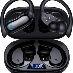 GNMN Ear Buds Wireless Earbuds 96hrs Playback Bluetooth Headphones IPX7 Waterproof Stereo Bass Over-Ear Earphones with Earhooks Microphone LED Battery Display for Sports/Workout/Gym Black