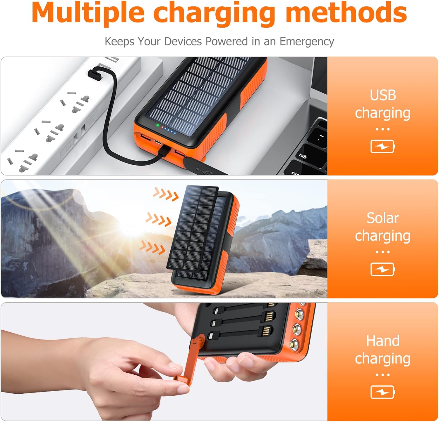 Solar Charger Power Bank 63200mAh, Portable Charger with Dual Outputs & Dual Inputs 4 LEDs Flashlight, Hand Crank Power Bank Fast Charging Battery Pack for Outdoor Camping Survival Gear - Image 5