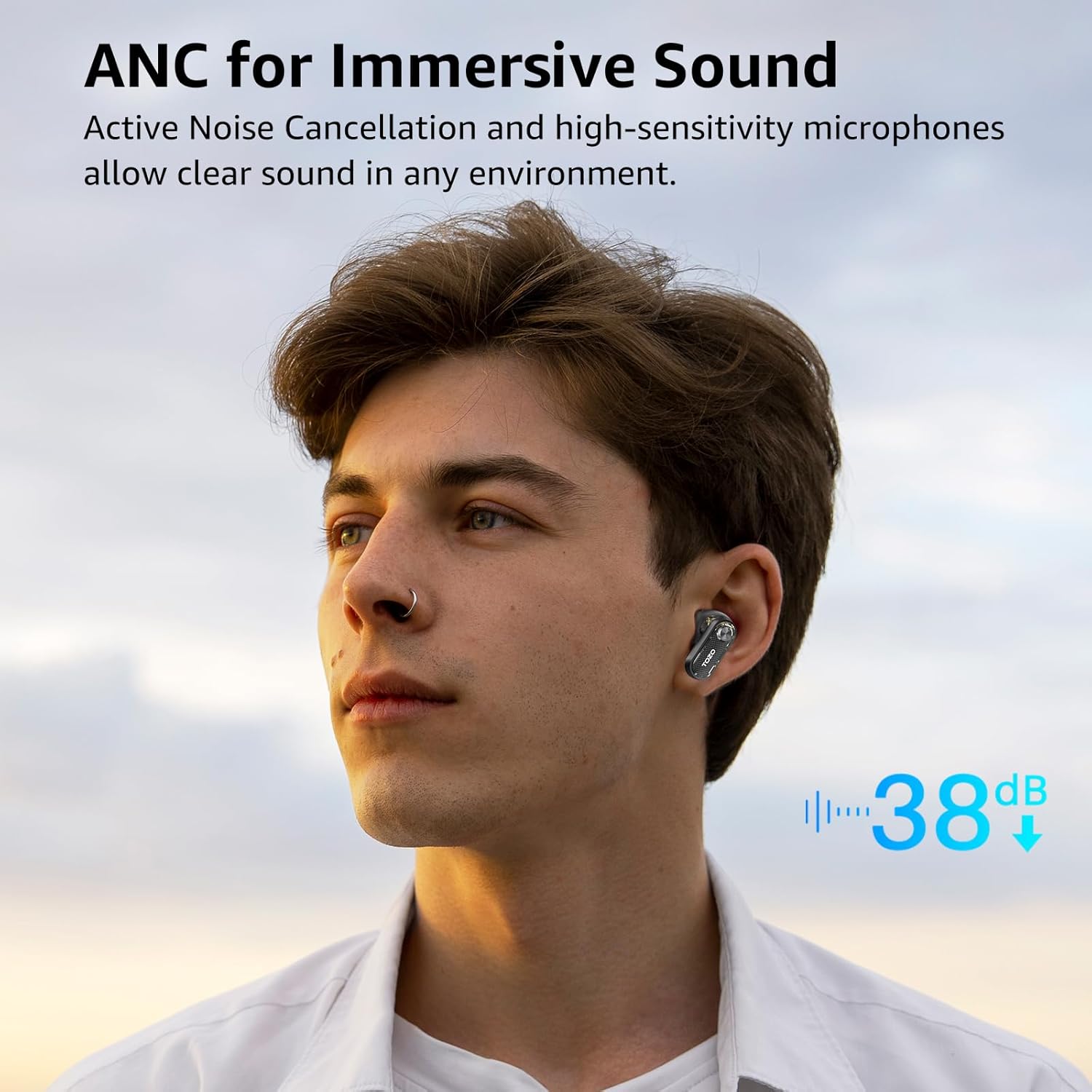 TOZO Hybrid Active Noise Cancelling Wireless Earbuds, 10mm Drivers Deep Bass Stereo Sound, 4 Mics Smart ENC AI Calls, 32 EQ Customization via App, Bluetooth 5.4 Headphones, Crystal Case Design - Image 3