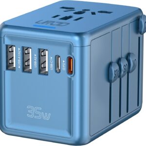 35W PD Universal Travel Adapter Fast Charging Offers 3X2.4A USB-A Ports, 2X USB-C Ports and Multi AC Outlet, International Plug Converter Worldwide Travel Charger All in One for EU US UK AUS