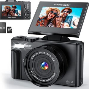 4K Digital Camera for Photography, WiFi 64MP UHD Vlogging Camera with 18X Digital Zoom, Super Wide-Angle Lens, 3" 180° Flip Screen, 32GB SD Card, Black
