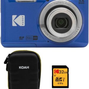 KODAK PIXPRO Friendly Zoom FZ55-BL 16MP Digital Camera with 5X Optical Zoom 28mm Wide Angle and 2.7" LCD Screen (Blue) Bundle with Protective Case, 32GB Memory Card (3 Items)