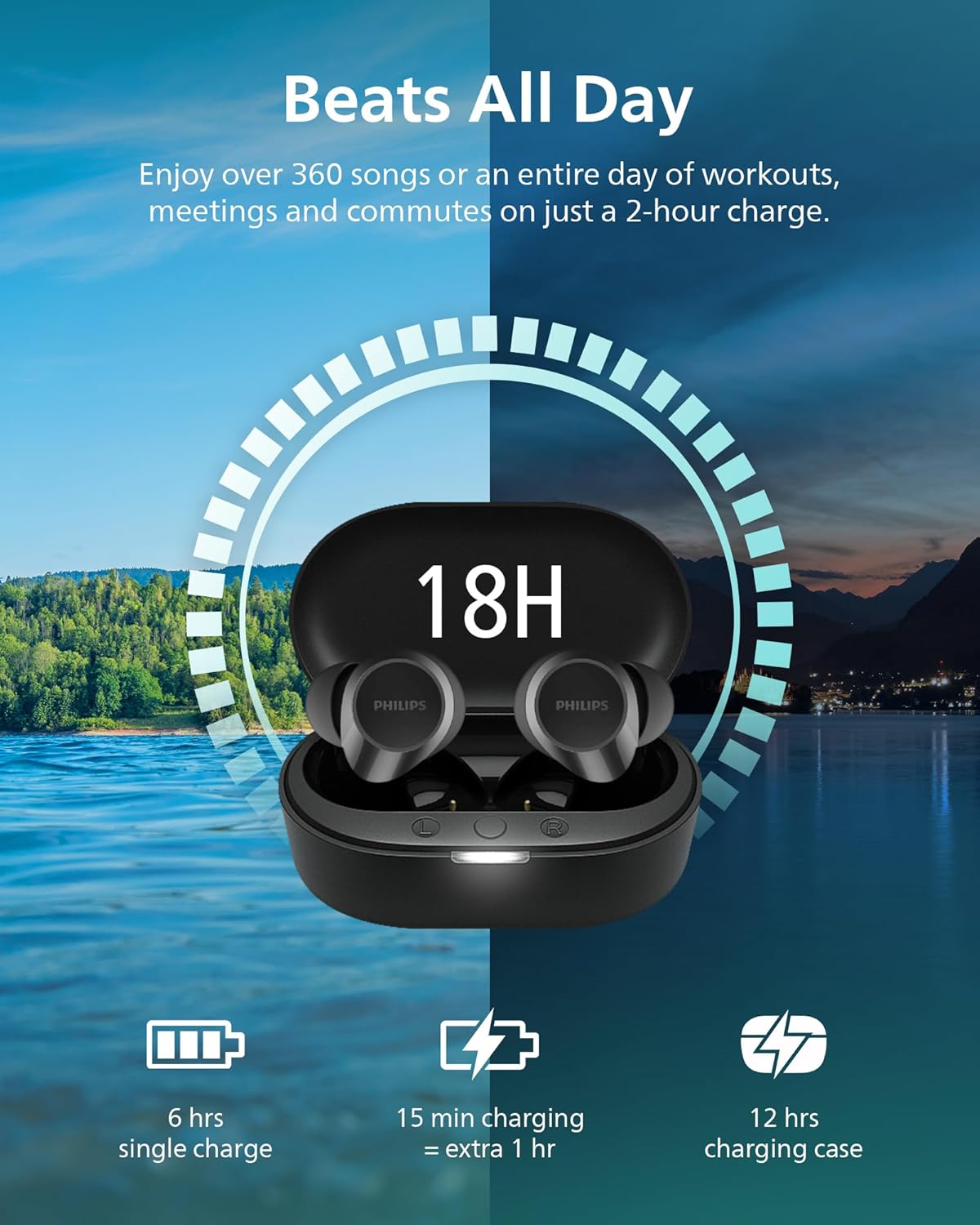 PHILIPS TAT1219 Wireless Earbuds,True Wireless Headphones,Powerful Bass with 10 mm Driver,Clear Call Quality with AI Mic,18 H Battery Life,Bluetooth 5.3,IPX4 Rating,Ergonomic Design for Comfort,Black - Image 4