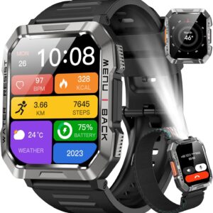 Military Smart Watch for Men(Answer/Make Call), Outdoor Sports Smartwatch with Flashlight/100 Days Battery/Compass/Heart Rate/SpO2/Sleep Monitor/2 Straps, Fitness Tracker for iPhone/Android Phones