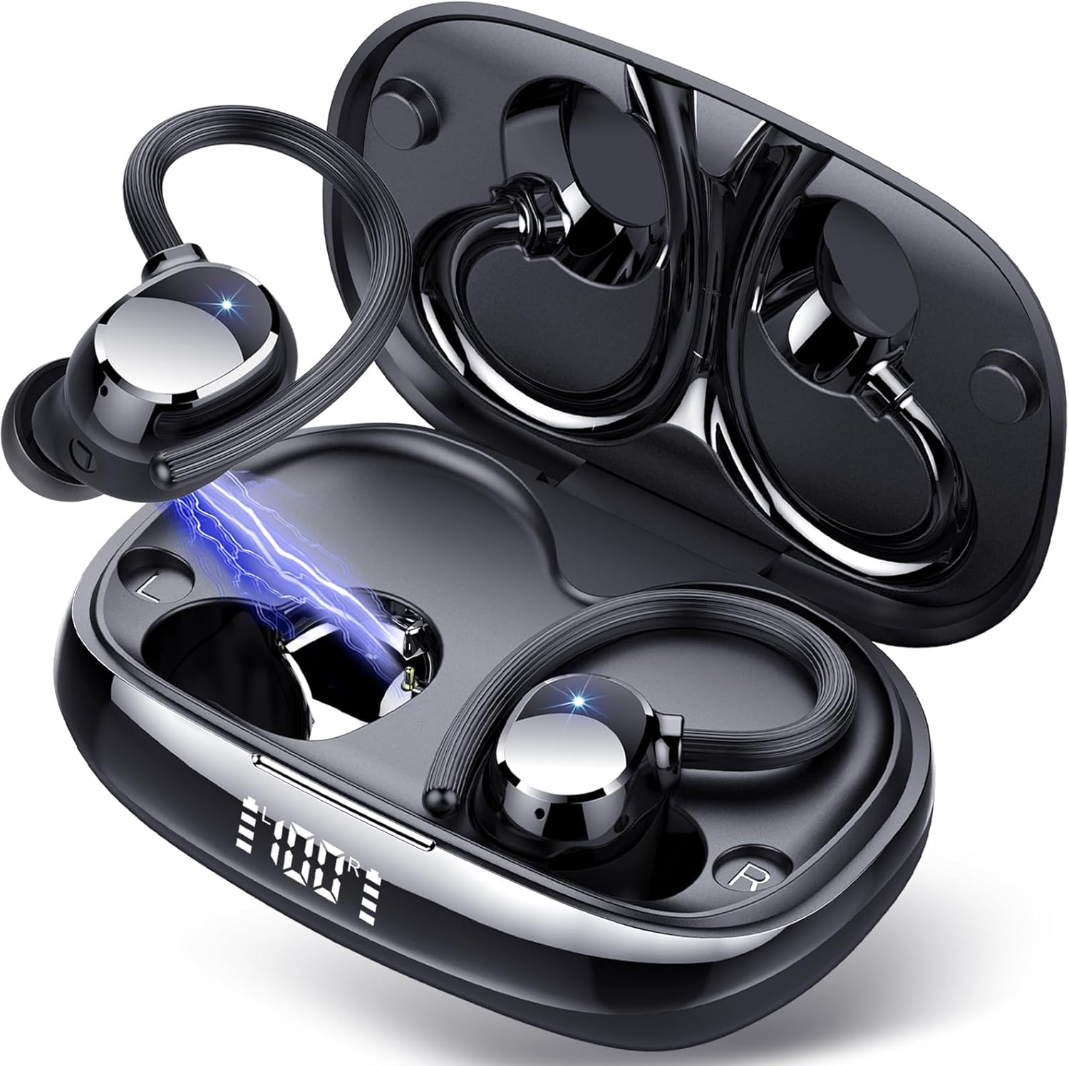 Wireless Earbuds, Bluetooth Headphones 80Hrs Deep Bass Playtime with LED Display, Sport Earphones with ENC Noise Cancelling Mic, IPX7 Waterproof Over-Ear Ear Buds with Earhooks for Workout/Running