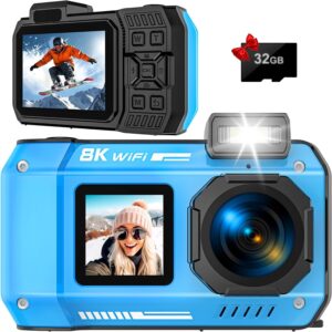 8K UHD 70MP WiFi Digital Camera with 32GB Card Rugged Waterproof Dustproof Shockproof Dual-Screen Selfie 33FT Underwater Camera for Snorkeling Autofocus Point and Shoot Digital Camera (Blue)