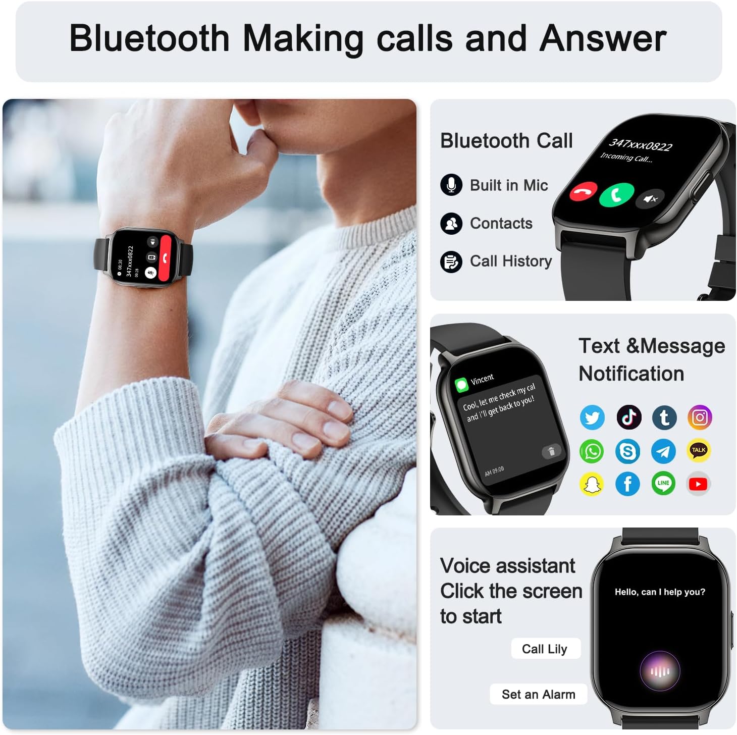 Smart Watch for Men Women Fitness: Make/Answer Call Smart Watches for Men Digital Mens Watches Running Waterproof Smartwatch Android Phones iPhone Samsung Compatible Heart Rate Monitor Step Tracker - Image 2