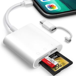 SD Card Reader for iPhone iPad, Oyuiasle Digital Trail Camera SD Card Viewer with Dual Slot for MicroSD/SD, Lightening&USBC Dual-Connector Memory Card Adapter for Photography, Plug and Play