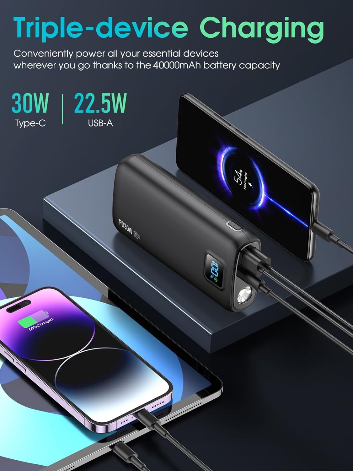 Portable-Charger-Power-Bank - 40000mAh Power Bank PD 30W and QC 4.0 Quick Charging Built-in Bright flashlight LED Display 2 USB 1Type-C Output for Most Electronic Devices on The Market(Carbon Black) - Image 2